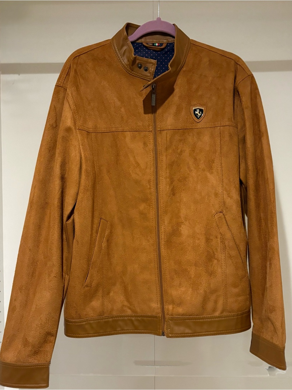 Emporio & Co Italian Suede Bomber Jacket with Crest Patch in Cognac